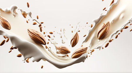 Milk splash swirls and almond for demonstration food background.ai generated imagesの素材