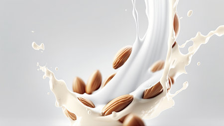Milk splash swirls and almond for demonstration food background.ai generated imagesの素材