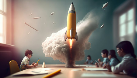 Ideas and creativity or inspiration,think outside the box concepts with rocket flying.start up project.performance of brain.ai generated imagesの素材
