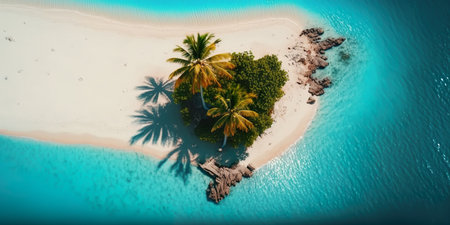 Aerial view.illustration of  tropical island and blue smooth sea,ocean for Summer holiday or vacation concepts.long banner size key visual design.generative ai technologyの素材