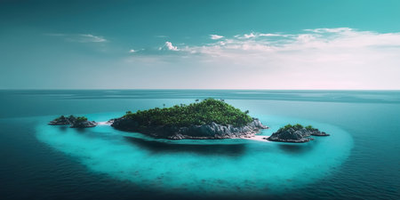 Aerial view.illustration of  tropical island and blue smooth sea,ocean for Summer holiday or vacation concepts.long banner size key visual design.generative ai technologyの素材