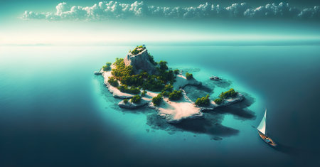 Aerial view.illustration of  tropical island and blue smooth sea,ocean and sailboat for Summer holiday or vacation concepts.long banner size key visual design.generative ai technologyの素材