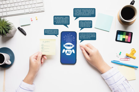 Business ideas with top view person work on desk with ai technology or creativity divice.digital...
