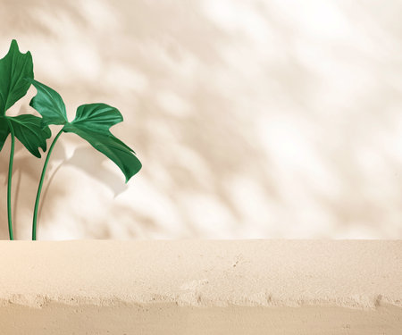 Selective focus.sandstone top product display platform with leaf in tropical design on pastel wall background.minimalの写真素材