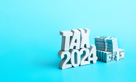 Tax 2024 with money bank note.business revenue and cost expenses.investment and saving money concepts.financial managementの写真素材