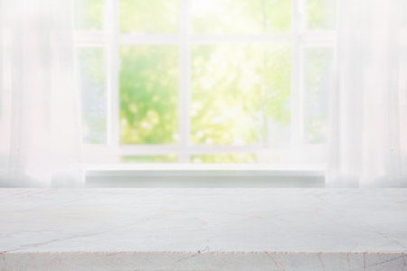 Selective focus.Elegance product display background with marble top with curtain and vine leaf on window garden in morning.minimal counter designの写真素材