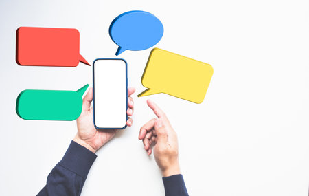 Digital,social media communication or bot chat message automation. customers service mobile technologyの写真素材