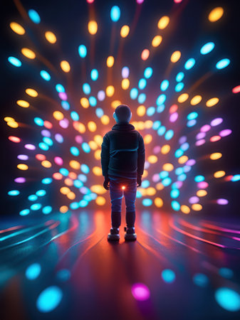 Unrecognizable man standing in front of colorful lights. 3D Renderingの素材