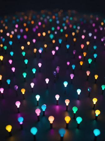 Abstract background of many multicolored light bulbs on a dark backgroundの素材