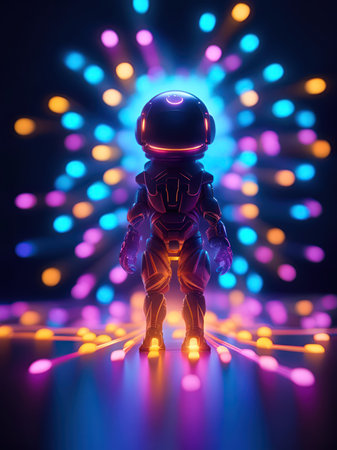 Astronaut in front of glowing lights. 3D rendering.の素材