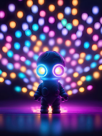 3d rendering of a robot with colorful bokeh lights backgroundの素材
