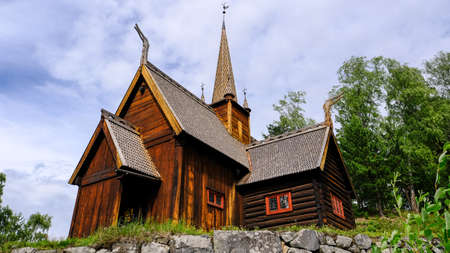 A stave church in Norway named Garmo standing in Lillehammer, originally made in the 1200s in Lomの写真素材