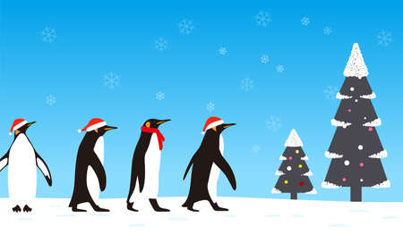 Penguin walking with Christmas hat, greeting card design, vectorのイラスト素材