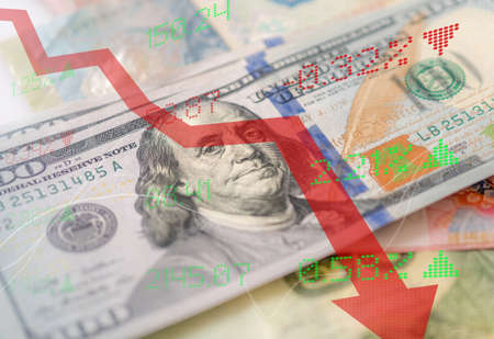 Cash of USA, Display of Stock market quotes, commercial building backgroundの写真素材