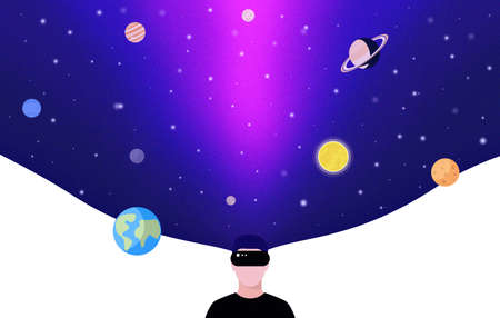 VR and Metaverse Concepts, man wearing VR glasses and playing. Solar System with Planets