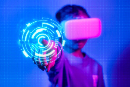 Digital composite of Man wearing VR Virtual Reality Headset with Interface, Future technology...