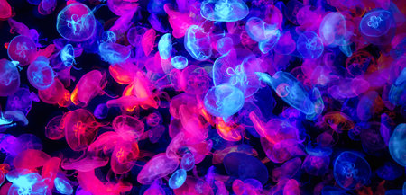 many colorful jellyfish on the dark seaの写真素材