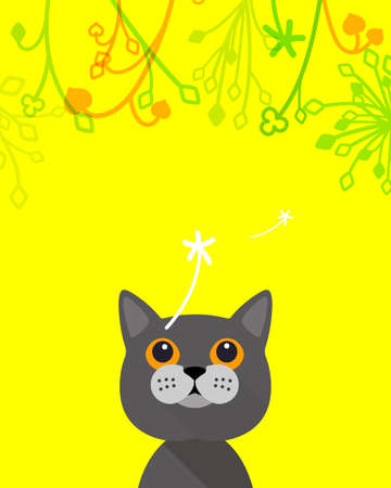 Cat looking up the flower and dandelion, cartoon vectorのイラスト素材