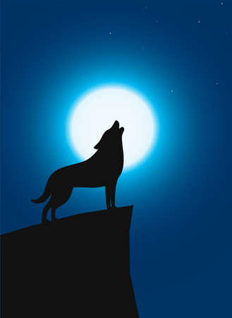 Wolf standing and roaring on the top of the cliff, Background is moonのイラスト素材