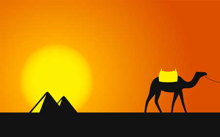 Egypt Great Pyramids with Camel caravan on sunset background - Illustrationのイラスト素材