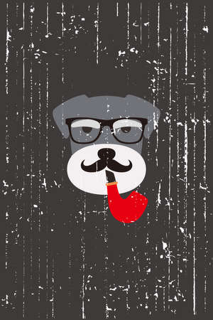 Gentlemen mustache dog wear glasses and with a tobacco pipe like a man, Fashion portrait of dogのイラスト素材