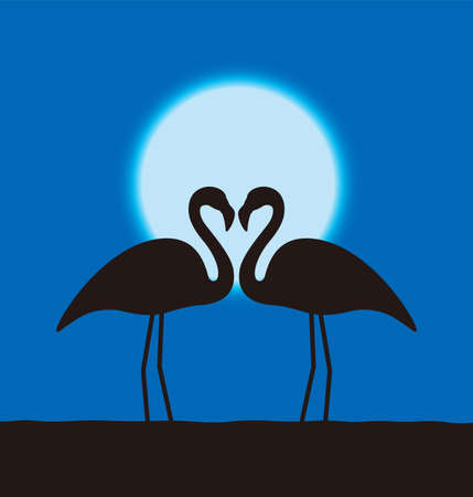 Flamingo lover couple standing face to face, the background is the moon, bird seriesのイラスト素材