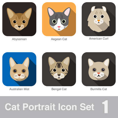 Cat breed face cartoon flat icon design Abyssinian, Australian Mist, Bengal Cat, Burmilla Cat, Aegean Cat, American Curlのイラスト素材