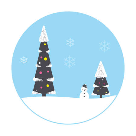 Christmas scene, tree, house, snowmanのイラスト素材