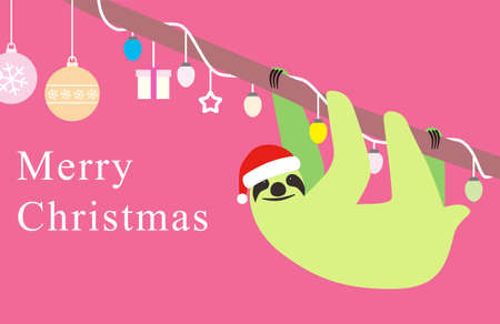 Sloth wear a Santa Claus cap, tree, gift, lampのイラスト素材