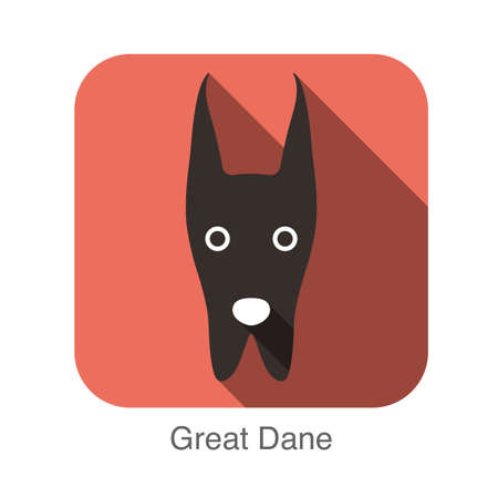 Vector icon illustration of a black dog face with white eyes and nose. It sits on a salmon-colored square isolated on a white background. The dog has two ears that point straight up and two rounded jowls that hang down. The eyes are white rings with black in the center. The nose is an oval shape with a rounded point at the bottom and is just above the jowls. The nose casts a dark shadow on the face, and the face casts a larger shadow on the square. All the shadows point to the lower right. The salmon square has rounded corners.のイラスト素材