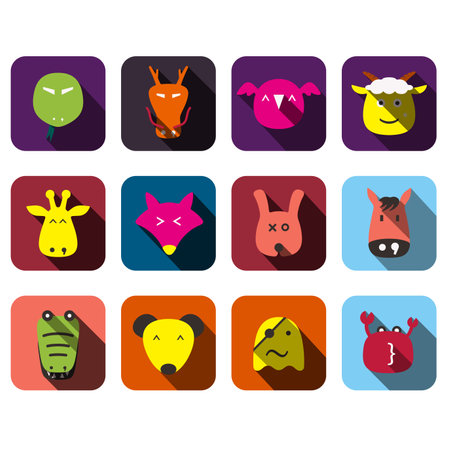Animal face flat design icon setのイラスト素材