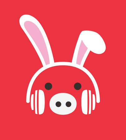 Cartoon Pig wearing a Rabbit's headset, , enjoy the music, vectorのイラスト素材
