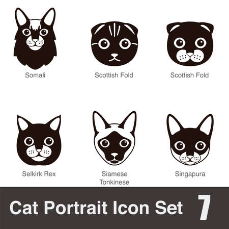 Cat breed face cartoon flat black icon series, vector illustrationのイラスト素材