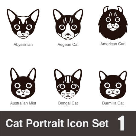 Cat breed face cartoon flat black icon series, vector illustrationのイラスト素材