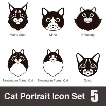 Cat breed face cartoon flat black icon series, vector illustrationのイラスト素材
