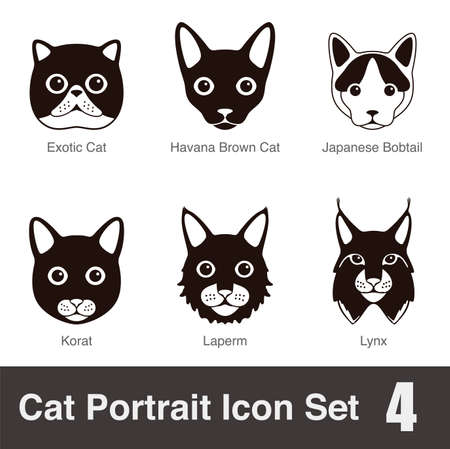 Cat breed face cartoon flat black icon series, vector illustrationのイラスト素材