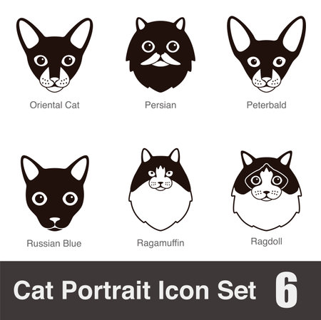 Cat breed face cartoon flat black icon series, vector illustrationのイラスト素材
