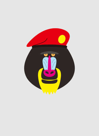 Portrait of mandrill, wearing beret, like soldier, cool styleのイラスト素材