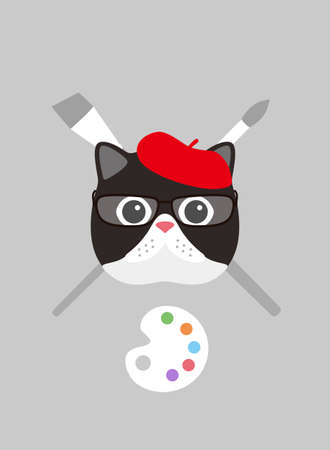 Portrait of cat, wearing Beret cap, cool style, like a painterのイラスト素材