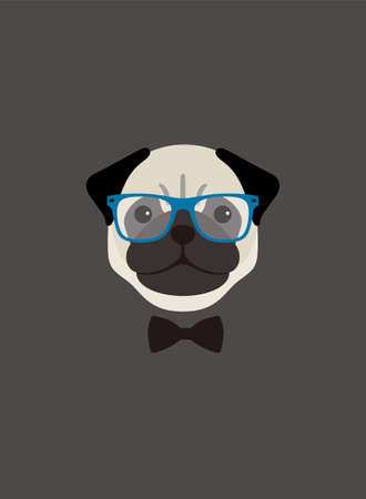Portrait of pug dog, wearing glasses and bow tie, like a teacher, cool styleのイラスト素材