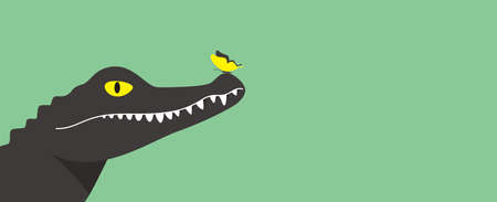 The butterfly stands on the crocodile's nose, vector illustrationのイラスト素材
