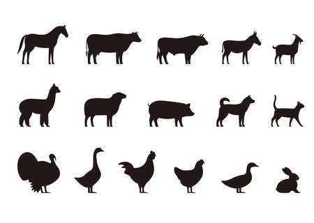 Livestock, Farm animals and their kids, black icons set, vector illustrationのイラスト素材