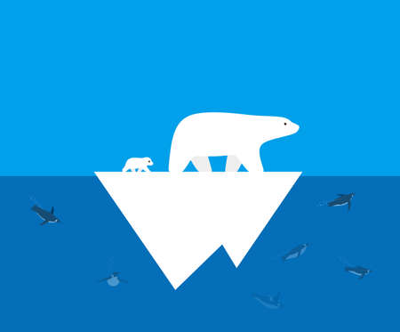 polar bear and it's baby walking on the ice, penguin swimming in the seaのイラスト素材