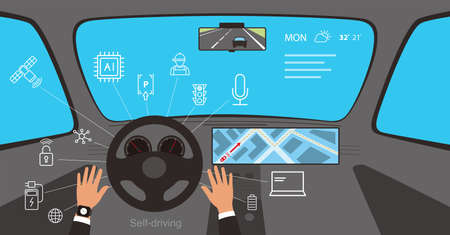 Man hands up, using a modern self-driving carのイラスト素材