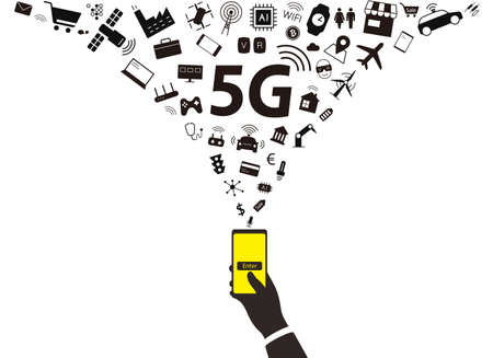 5G concept in the future, hand holding smart phone, using 5g technology, shopping online, vector illustrationのイラスト素材