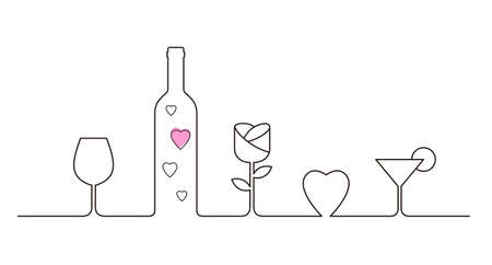 Linear style design for Valentines Day with wine glasses, rose and heart shaped, vectorのイラスト素材
