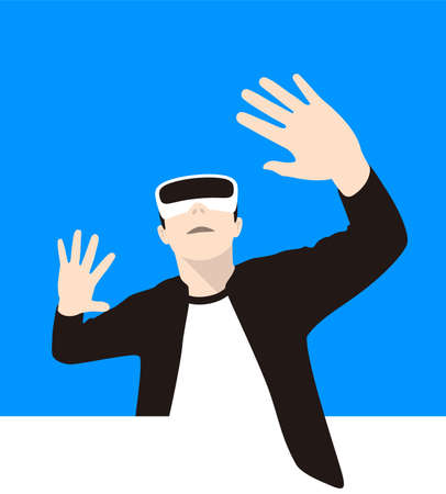 Man wearing Virtual Reality glasses. hands up, playing games, vector illustrationのイラスト素材