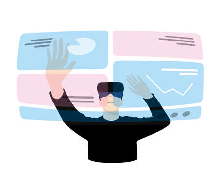 Man wearing VR Virtual Reality glasses, hands up, touching the screen, doing data analysis, Future technology concept.のイラスト素材