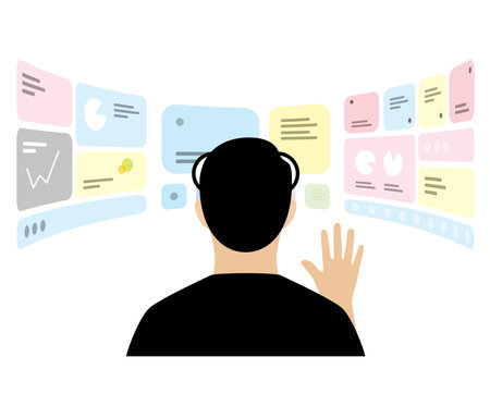 Man wearing VR Virtual Reality glasses, hands up, touching the screen, doing data analysis, Future technology concept.のイラスト素材