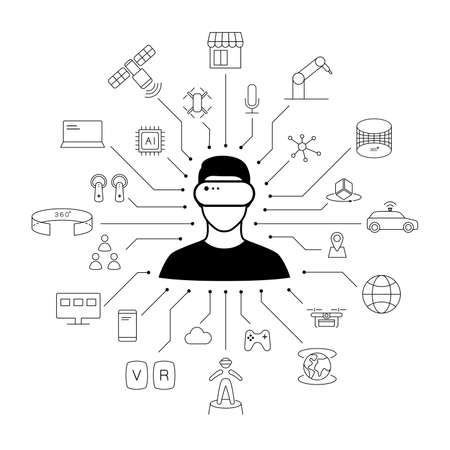 Man wearing Virtual Reality Headset in the center of VR icons, Future technology concept.のイラスト素材